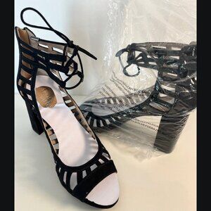 Franco Sarto Ernie Black Faux Suede Block Heel Gladiator Sandals Size 9 In Box
